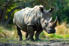 Large white rhinoceros walking through green grassland Product Image 1