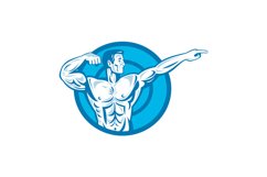 Bodybuilder Flexing Muscles Pointing Side Retro Product Image 1