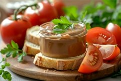 Fresh homemade tomato pate on bread with herbs Product Image 1