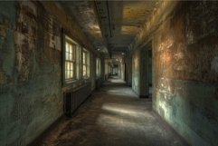 Abandoned asylum hallway at dusk Product Image 1