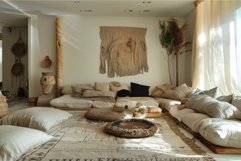 Sun shining on bohemian chic living room with wicker decorat Product Image 1