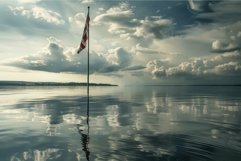 Serene lake with american flag at dusk Product Image 1