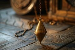 Golden pendulum hanging over wooden table in spiritual atmos Product Image 1