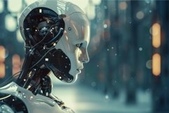Futuristic robot portrait with forest background Product Image 1