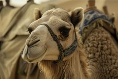 Dromedary camel wearing a colorful bridle posing at the came Product Image 1