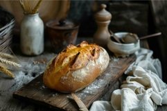 Rustic artisan bread on wooden table Product Image 1