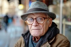 Elderly man in hat with soulful eyes outdoors Product Image 1
