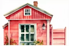 Red Farmhouse clipart, Watercolor house, Red Farm 14 PNG Product Image 7