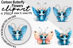 Whimsical Cartoon Butterfly Flowers Clipart Watercolor png Product Image 1