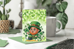 Cute Leprechaun with Shamrocks Greeting Card PNG Sublimation Product Image 1