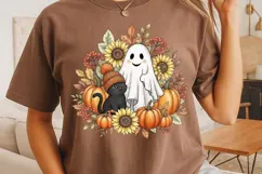 Retro Halloween Ghost And Cat Png, Floral Halloween Png. Product Image 8