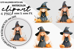 Cute Halloween Witch Girl Clipart Watercolor PNG Product Image 1
