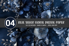 Blue Silver Floral Digital Paper Product Image 1
