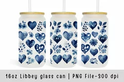 Hearts Blue glass can wrap, Christmas Watercolor 16oz Libbey Product Image 1