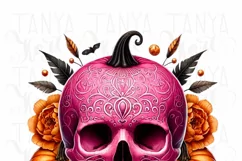 Pink Skull Pumpkin Halloween PNG, Spooky Season Graphic Product Image 3
