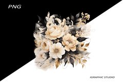 Black and Gold Flowers PNG, Watercolor Floral, Bouquet Product Image 1