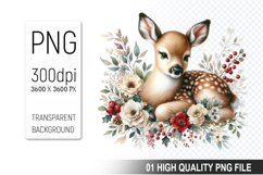 Floral Deer Clipart PNG, Watercolor Animal with Flowers Product Image 1