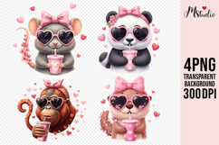 Adorable Heart-Style Animals with Pink Drinks PNG Product Image 1