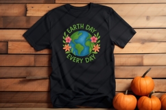 Digital PNG design featuring a hand-painted illustration of planet Earth with green continents and blue oceans, encircled by vibrant pink, orange, and purple flowers with leafy accents. The text &quot;Earth Day&quot; appears above and &quot;Go Planet!