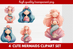 4 Cute Mermaids Clipart Set | Whimsical Mermaid Illustration Product Image 1
