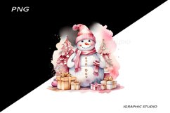 Pink Snowman Clipart, Gold and Pink Chistmas Clipart Product Image 1
