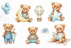 Watercolor Teddy Bear Clipart PNG | Cute Baby Boy Nursery Product Image 3