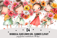 Whimsical Sunflower Girl Summer Clipart Watercolor png Product Image 1
