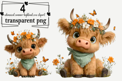 Whimsical Summer Highland Cow Clipart Watercolor PNG Product Image 1