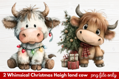 2 Whimsical Christmas Highland Cow Clipart | Cute Festive Product Image 1