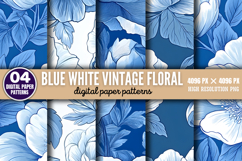Blue White Vintage Floral Chinoiserie Digital Paper PNG Product Image 1