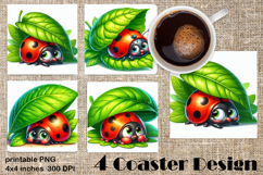 Watercolor Lady Bug Square Coaster PNG. Coaster Sublimation Product Image 1