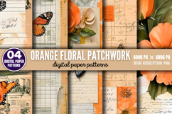 Orange Floral Patchwork Collages Sheets Digital Paper PNG Product Image 1