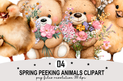 Whimsical Spring Peeking Animals Clipart Watercolor png Product Image 1