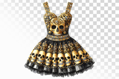 Elegant Black And Gold Skull Mini Dress PNG Product Image 1