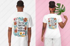Colorful Boho floral Christian sublimation design featuring a bold white cross, hand-drawn wildflowers, and uplifting Bible verse &quot;In the Waiting, God is Working.&quot; Perfect for faith-based t-shirt printing, mugs, and wall art. This high-resolution PNG is i