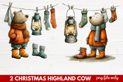 2 Christmas Highland Cow Clipart | Rustic Festive Cow PNG Product Image 1