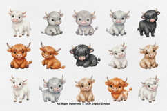 15 Bundle Watercolor Baby Highland Buffalo Cow Horn Farm Product Image 8