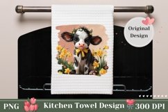 Cow Kitchen Towel Sublimation, Floral Dish Towel Design PNG Product Image 1