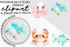 Whimsical Cute Sea Animals Clipart Watercolor png Product Image 1