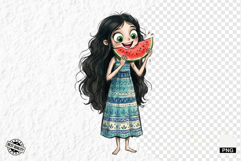 Whimsical Summer Girl &amp; Watermelon Clipart Product Image 1