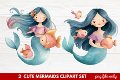 2 Cute Mermaids Clipart Set | Whimsical Mermaid Illustration Product Image 1