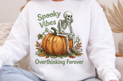 Spooky Vibes PNG, Overthinking Skeleton Pumpkin Sublimation Product Image 1
