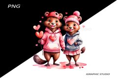 Valentine animal couple clipart, Valentine beaver png Product Image 1
