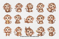 15 Bundle Watercolor Cute Monkey Animal Forest Banana Kids Product Image 8
