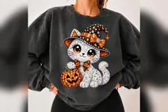 Bling Halloween Witch Cat PNG, Rhinestone Pumpkin Kitty Product Image 4