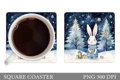 Winter Bunny Square Coaster. Cute Christmas Bunny Coaster Product Image 1