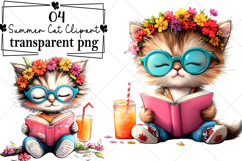 Whimsical Summer Cat Clipart Watercolor PNG Product Image 1