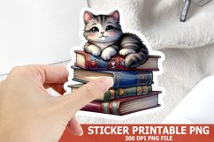 Cute Cat on A Stack of Books Sticker| Books Sticker Product Image 1