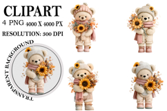 Whimsical Fall Teddy Bear Clipart Watercolor PNG Product Image 1