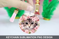 Cat Flowers Keychain Sublimation , Round Keychain PNG Product Image 1